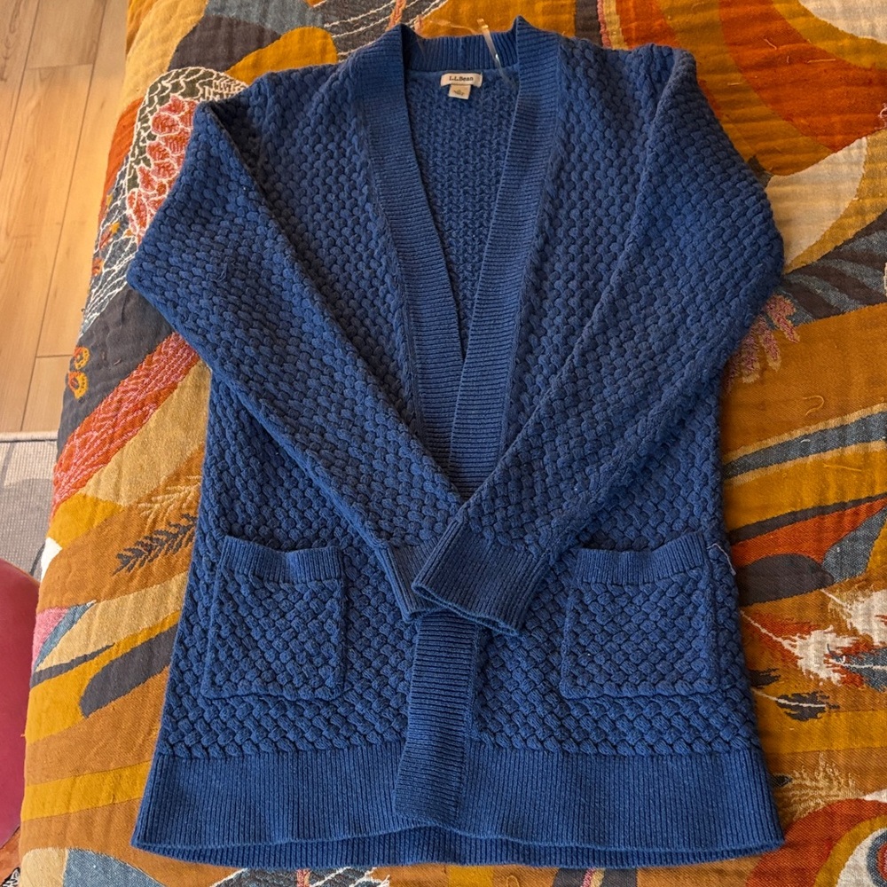 L.L. BEAN Women's Sweater Open Front Basket Weave Pockets Cotton Blue Size Small
